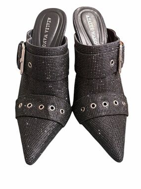 Azalea Wanger Black Pointed Mule Slides with Buckle Detail